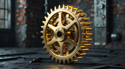 A dramatic composition showing a luminous golden gear in a dark setting, focusing on the soft glow emanating from it, in 8K precision.