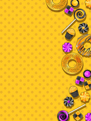 ハロウィン風のお菓子のイラスト入り、縦型テンプレート