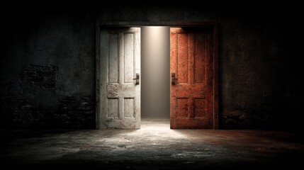 Obraz premium Two Contrasting Doors Illuminated in Darkness Create a Mysterious Atmosphere Inviting Exploration and Curiosity Within the Space