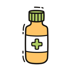 Orange medicine bottle with green cap and white label featuring a green cross symbol with a transparent background illustration