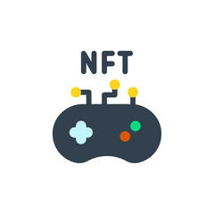 Digital Game Controller With NFT Text Symbolizing Blockchain Gaming And Cryptocurrency Technology In A Connected Network With Yellow Nodes On Transparent Background