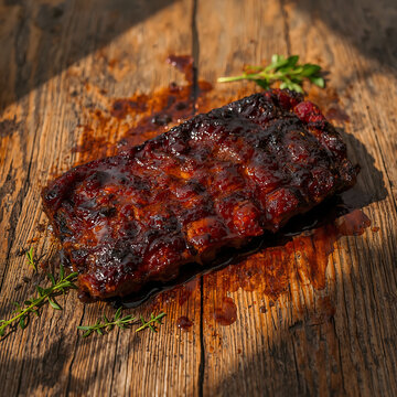 Succulent Ribs on a Wooden Board: Close-up shot of beautifully cooked pork ribs, glistening with a rich, flavorful sauce, resting on a rustic wooden board, hinting at a delicious meal.