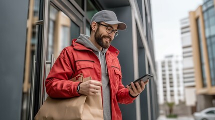 Medicine delivery worker holding pharmacy bag, representing healthcare service and professional medical distribution.