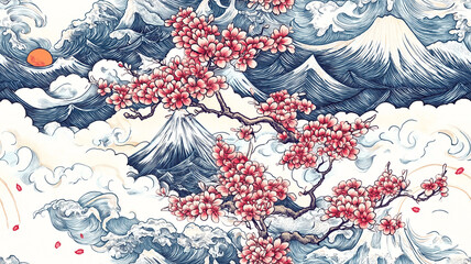 伝統と幻想が交差する装飾世界、曲線と模様が織りなす静寂と調和の和柄背景壁紙素材、幻想的な空間に溶け込むアブストラクトデザイン