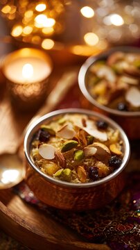 Traditional festive dessert served in a decorative metal bowl.