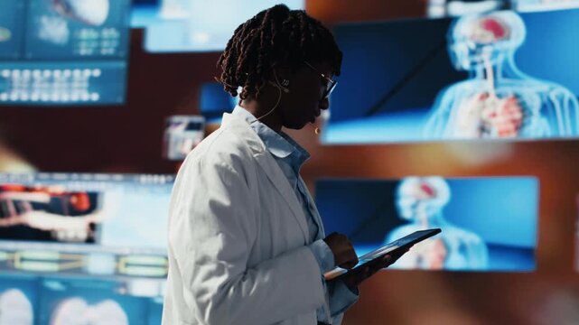 Doctor excited to share latest neurology research innovations to audience, showing human organs. Female scientist pleased to show futuristic xray scans during key note presentation, camera B