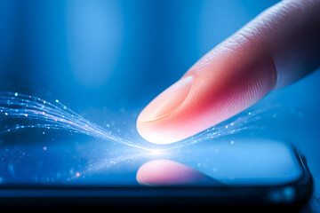 Fingertip Tap on Smartphone with Glowing Data Streams