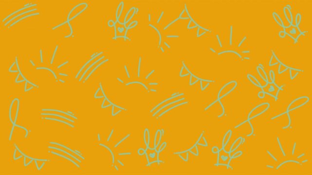 Displays an orange background with sketched sun ribbon flag and rabbit doodles. Suitable for easterthemed designs or seasonal greeting cards.