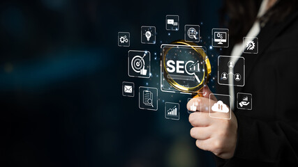 SEO concept for improving SEO visibility, with SEO related digital tools and SEO performance icons...