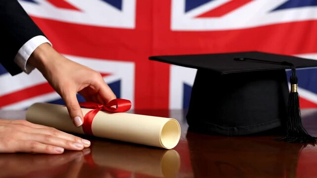 A graduation cap and a diploma scroll with a red ribbon on a table before the United Kingdom flag perfect for celebrating academic achievement and educational success in the UK