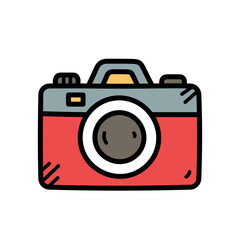 Simple Red and Gray Retro Camera Icon with Transparent Background Featuring a Black Lens and Yellow Accent on Top