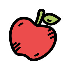 Simple Red Apple Illustration with Green Leaf and Stem Transparent Background Isolated