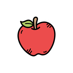 Simple red apple with a green leaf and brown stem isolated on a white background featuring a hand drawn illustration style