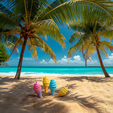 Tropical Paradise with Ice Cream: A vibrant coastal scene, with swaying palm trees casting shadows on a pristine sandy beach.