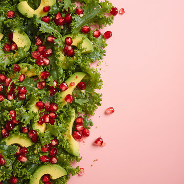 Vibrant Salad: A colorful and fresh salad, showcasing the harmony of ripe avocado slices, ruby-red pomegranate seeds, and vibrant green kale leaves, perfectly poised against a beautiful background.