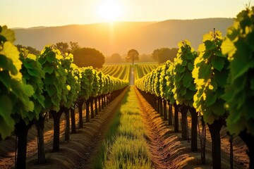 Golden Sunlight Bathes Ripe Grapes in Picturesque Vineyard, Rolling Hills Setting a Relaxing Scene Perfect for Winery Tourism and Vacation Brochures