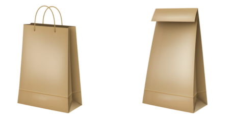 Two realistic brown paper bags, one with handles and one folded shut, minimal digital illustration, isolated on transparent background


