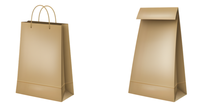 Two realistic brown paper bags, one with handles and one folded shut, minimal digital illustration, isolated on transparent background