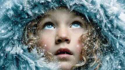 Winter's soft embrace: a child's sparkling eyes amid falling snow. Visual poster. Portrait of a child's first experience with snow, pure excitement in their eyes. Fantasy poster.
