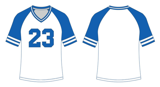 V-Neck Sports Jersey Mockup Template, Front and Back View of White and Blue Raglan Sleeve Uniform with Number 23.