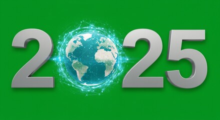 2025: A digital globe representing the future is positioned between the numerals, against a vibrant green background.