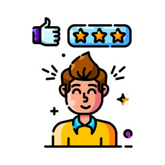 Smiling Man with Thumbs Up and Three Star Rating on White Background Reflecting Positive Feedback and Satisfaction