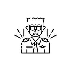Smiling pilot wearing aviator sunglasses and uniform with epaulets on transparent background line art icon