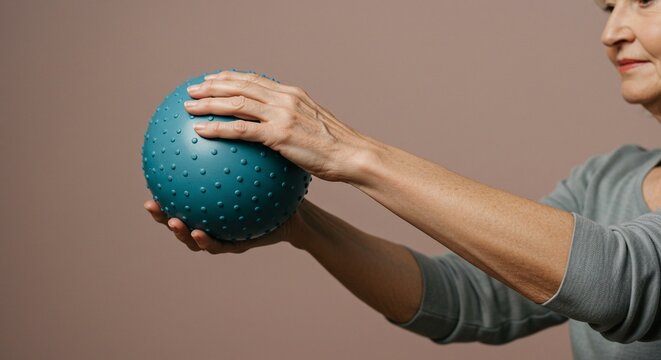 Mature woman exercises her grip strength with a dimpled sensory ball during a rehabilitation session. Focus on senior health. - Powered by Adobe