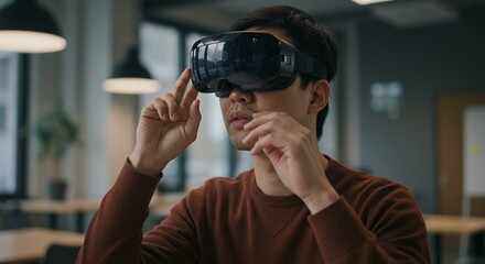 A man wearing a VR headset in an office setting, exploring virtual reality and innovation through technology.