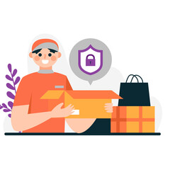 Smiling Delivery Person Holding Open Package With Security Icon Beside Stacked Boxes and Shopping Bags Digital Illustration Flat Design With Transparent Background