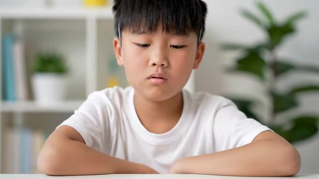 A young Asian boy in a party hat looking sad and lonely at his birthday celebration, feeling disappointed and alone perfect for stories about childhood sadness or bullying
