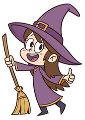 A cute cartoon illustration of a little witch girl.