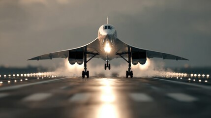 Fototapeta premium Supersonic jet taking off from runway airport aviation photography dynamic setting ground perspective flight innovation