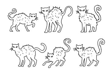 Black Cat Scary Silhouette Collection. Spooky Halloween Animal Icons Vector Set.Cat Doodle Line Drawing Collection. Spooky Halloween Animal Outline Set Vector.