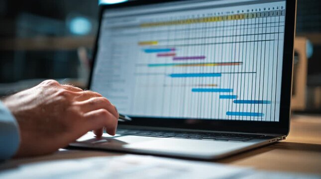Project Manager Reviewing Timeline and Milestones on Digital Gantt Chart