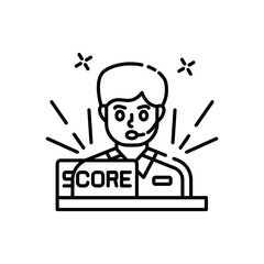 Person Wearing Headset Behind Scoreboard Displaying the Word Score During a Competition or Event With Sparkle Accents Indicating Excitement or Success