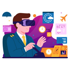 Pilot Wearing Virtual Reality Headset Engages With Digital Flight Simulator Displays and Aviation Icons Illustrating Advanced Training Technology
