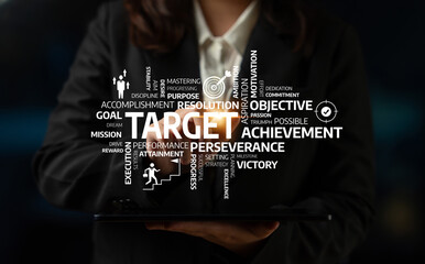 A professional business visual depicting words related to goals and achievements, emphasizing motivation, performance, and strategic planning for success. Tessel