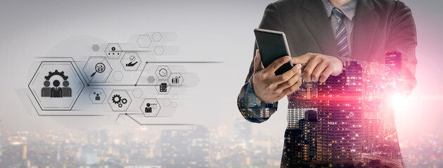 Business management system showing teamwork, productivity, and planning. Management supports goal,...