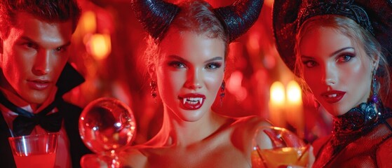 Obraz premium Ghoul times together: friends embrace whimsy and warmth on halloween. Film poster. Vibrant and magical: a detailed scene of halloween costumes and festive mood. Promotional poster.