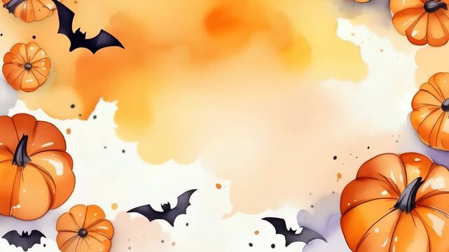 Halloween orange watercolor background with flying bats and pumpkins in watercolor style, featuring empty copy space for text. Concept of Halloween decoration, creative art, seasonal design.