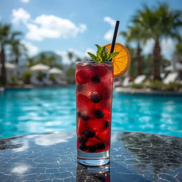 Cocktail on the beach and pool with tropical fruits and refreshing drinks