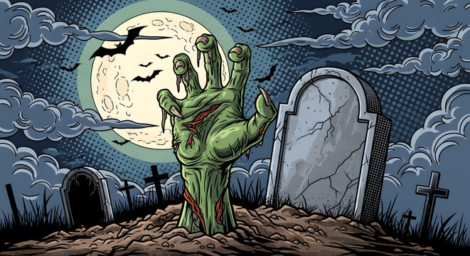 Spooky Halloween illustration of a zombie hand bursting from a grave in a moonlit cemetery with bats and tombstones