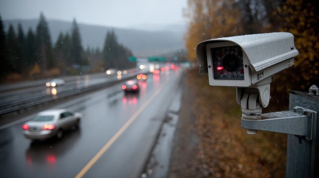 Highway surveillance camera on rainy day, focused on the camera. Illustrates security, traffic monitoring, and infrastructure management.