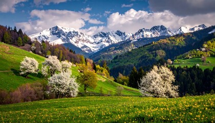 Springtime alpine meadow with snow-capped mountains