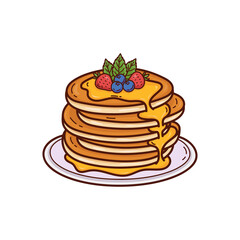 Stack Of Golden Brown Pancakes Topped With Honey Fresh Blueberries And Strawberries Served On A White Plate With A Purple Rim And A Transparent Background