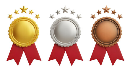 Medals Display, Gold Silver Bronze with Red Ribbons, Isolated on White Background, Graphic Illustration, Front View, Competition Concept