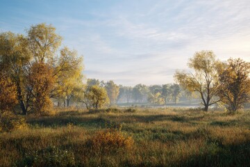 Obraz premium Fall's serenade: morning light on an autumn meadow. Fashion beauty. Serene autumn morning: meadow and trees in perfect harmony. Studio portrait. Editorial style.