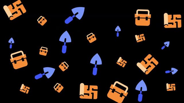 Black background features scattered tool boxes, shovels, and blueprints. Ideal for construction, engineering, diy, or home improvement concept design projects.