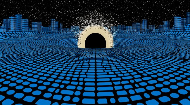 Fototapeta Blue and white cityscape with a large black hole in the middle. The city is surrounded by a blue ocean